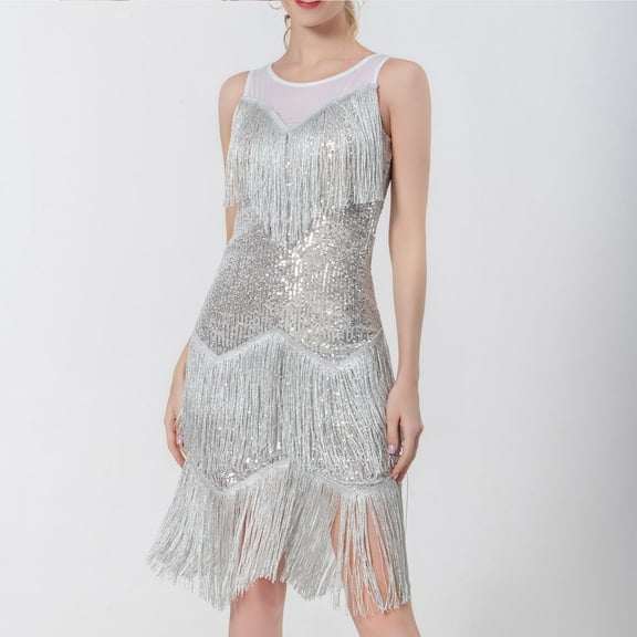 Njagoc3 Womens Sleeveless V - Neck Fringe Trim Dress, Flapper Style Party Gown, 1920s Theme & Night Out Wear