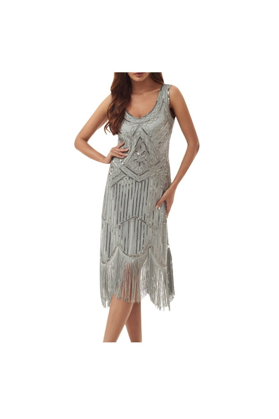 Womens Sleeveless V - Neck Fringe Trim Dress, Flapper Style Party Gown, 1920s Theme & Night Out Wear