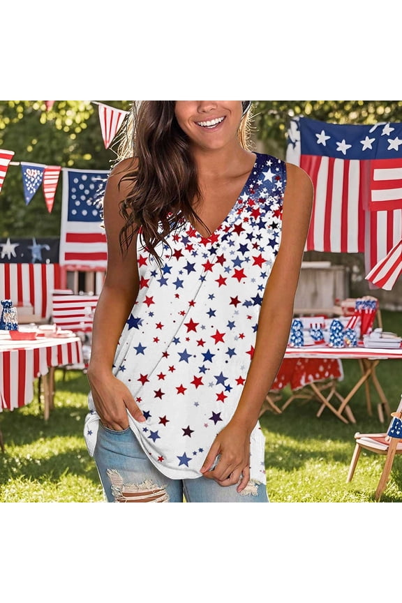 Womens Sleeveless V - Neck Patriotic Polka - Dot & Star Print Cami Top - Festive for Fourth of July Parties