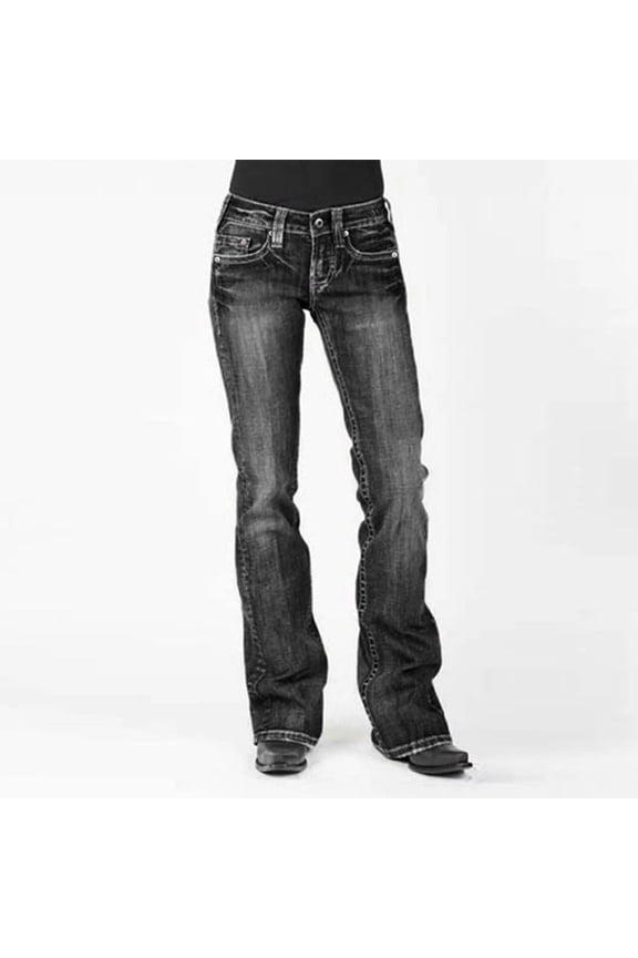 Womens Slim Fit Stretch Denim Jeans - Flared Leg High Waisted Solid Color Elastic Fabric Trendy Vintage Style Long Pants