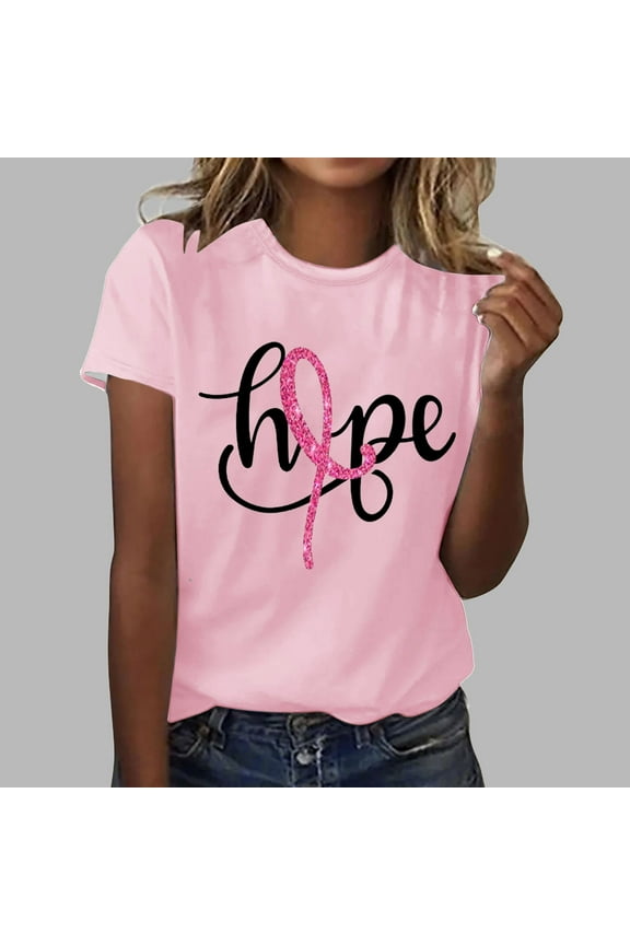 Womens Soft Cotton Breast Cancer Awareness Shirt with Hope Bloom Design Pink Ribbon Crewneck Tee