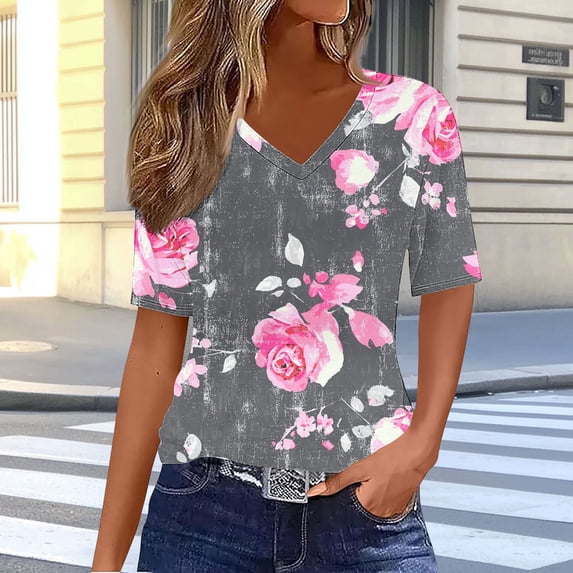 Njagoc3 Womens Soft Cotton Floral Print V-Neck Short Sleeve Relaxed Fit Casual T-Shirt