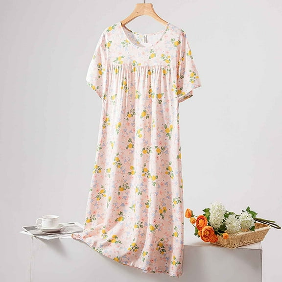 Njagoc3 Womens Soft Cotton Round Neck Floral Print Short Sleeve Nightgown Sleep Dress for Summer Lounge