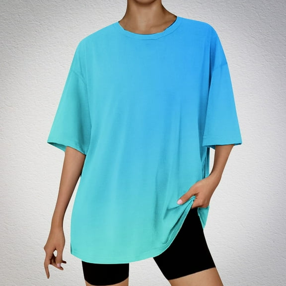 Njagoc3 Womens Soft Cotton Tie Dye Gradient Print Round Neck Short Sleeve Casual Blouse for Daily Wear