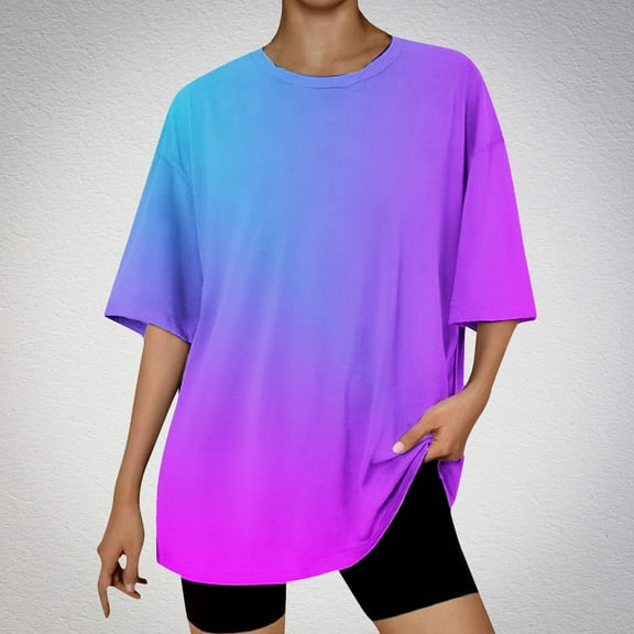 Njagoc3 Womens Soft Cotton Tie Dye Gradient Print Round Neck Short Sleeve Casual Blouse for Daily Wear