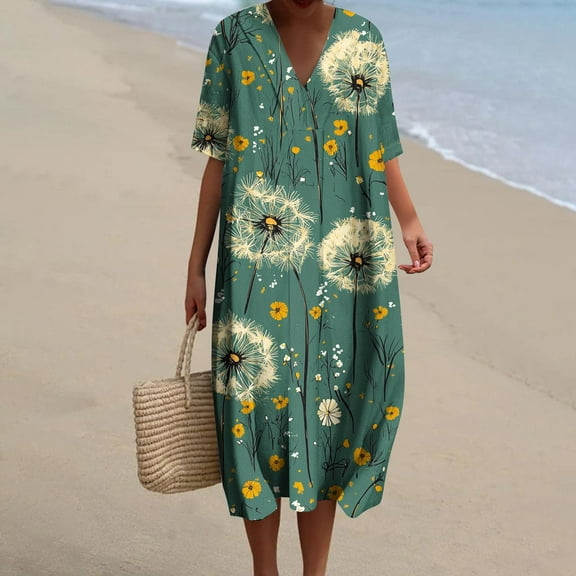 Njagoc3 Womens Soft Rayon Tropical Floral Loose Fit Short Sleeve Crew Neck Side-Pocket Dress Summer