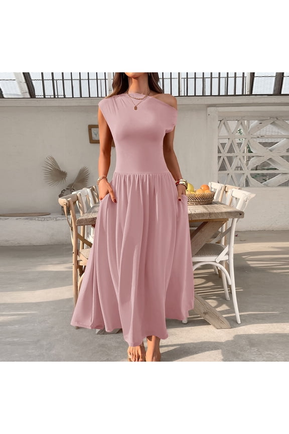 Womens Solid Color Asymmetric Off-Shoulder Maxi Dress with Pockets, Cinched Waist & Ruffle Detail - Elegant Stretchy Chiffon Formal Evening Gown