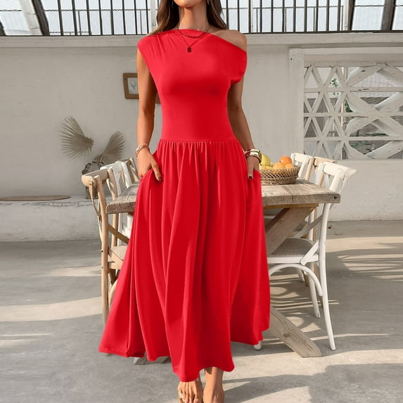 Njagoc3 Womens Solid Color Asymmetric Off-Shoulder Maxi Dress with Pockets, Cinched Waist & Ruffle Detail - Elegant Stretchy Chiffon Formal Evening Gown