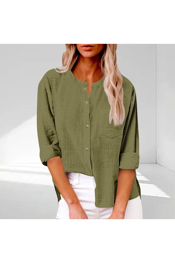 Womens Solid Color Button-Up Cardigan, 3/4 Sleeve, Loose Fit, Casual Fall & Winter Top