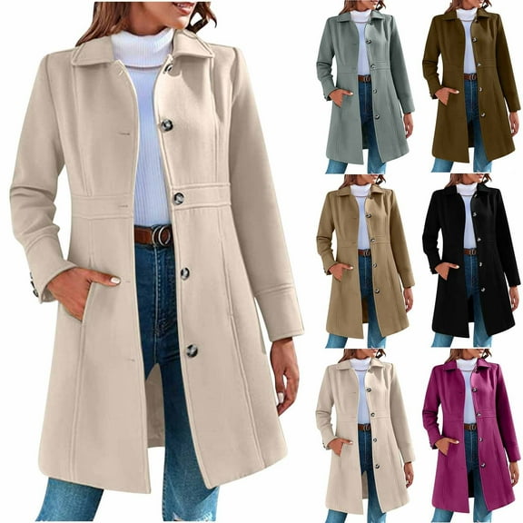 Njagoc3 Womens Solid Color Elegant Single Breasted Long Sleeved Lapel Winter Coat Pea Woolen Coat Jacket