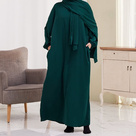 Njagoc3 Womens Solid Color Full - Length Abaya Dress, Long Sleeve, Modest Style, Year - Round Casual & Religious Wear, Loose Fit