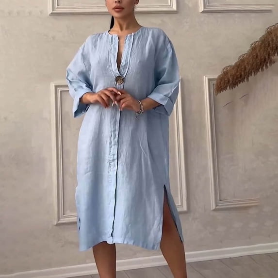 Njagoc3 Womens Solid Color Linen-Like Cotton V-Neck Short Sleeve Relaxed Fit Casual Dress with Side Pockets & Slits