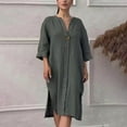 thumbnail image 1 of Njagoc3 Womens Solid Color Linen-Like Cotton V-Neck Short Sleeve Relaxed Fit Casual Dress with Side Pockets & Slits, 1 of 6