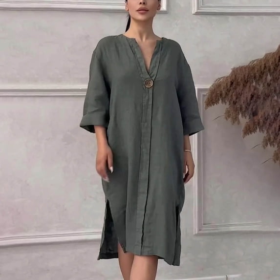 Njagoc3 Womens Solid Color Linen-Like Cotton V-Neck Short Sleeve Relaxed Fit Casual Dress with Side Pockets & Slits