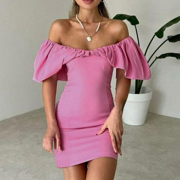 Njagoc3 Womens Solid Color Ruffled Off-Shoulder Dress - Textured Waist Definition & Tailored Fit, Breathable Stretch Fabric for Day-to-Night Styling