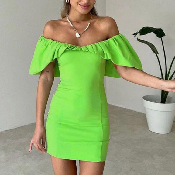 Njagoc3 Womens Solid Color Ruffled Off-Shoulder Dress - Textured Waist Definition & Tailored Fit, Breathable Stretch Fabric for Day-to-Night Styling