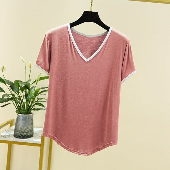 Njagoc3 Womens Solid V-Neck Short Sleeve T-Shirt Summer Thin Casual Slim Fit Breathable Multi-Color