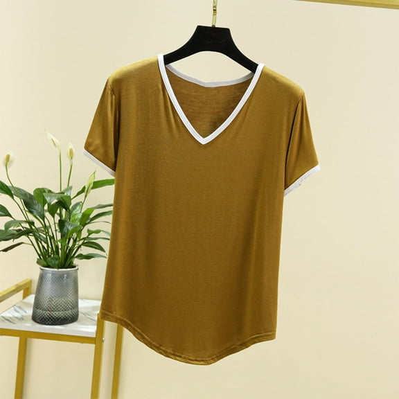 Njagoc3 Womens Solid V-Neck Short Sleeve T-Shirt Summer Thin Casual Slim Fit Breathable Multi-Color