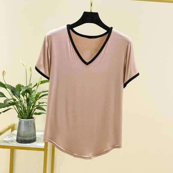Njagoc3 Womens Solid V-Neck Short Sleeve T-Shirt Summer Thin Casual Slim Fit Breathable Multi-Color