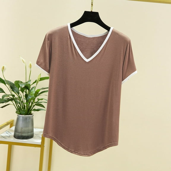 Njagoc3 Womens Solid V-Neck Short Sleeve T-Shirt Summer Thin Casual Slim Fit Breathable Multi-Color