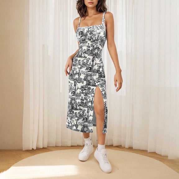 Njagoc3 Womens Spaghetti Strap Slit Midi Dress, Floral Print for Summer Beach & Date Nights