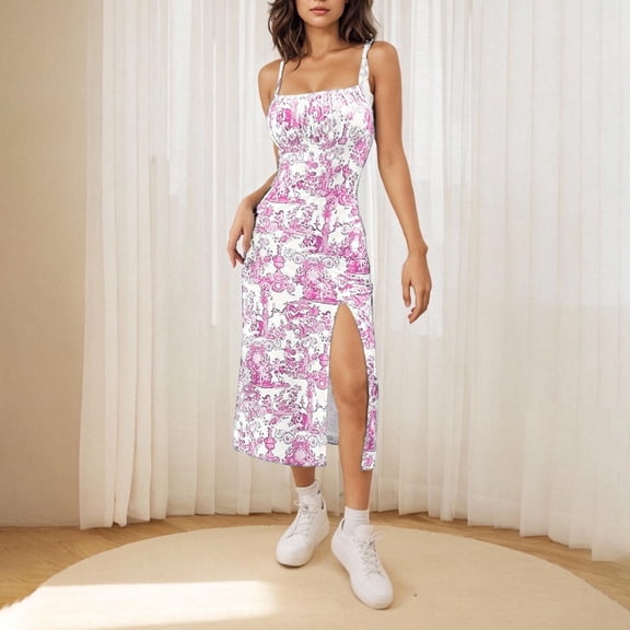 Njagoc3 Womens Spaghetti Strap Slit Midi Dress, Floral Print for Summer Beach & Date Nights