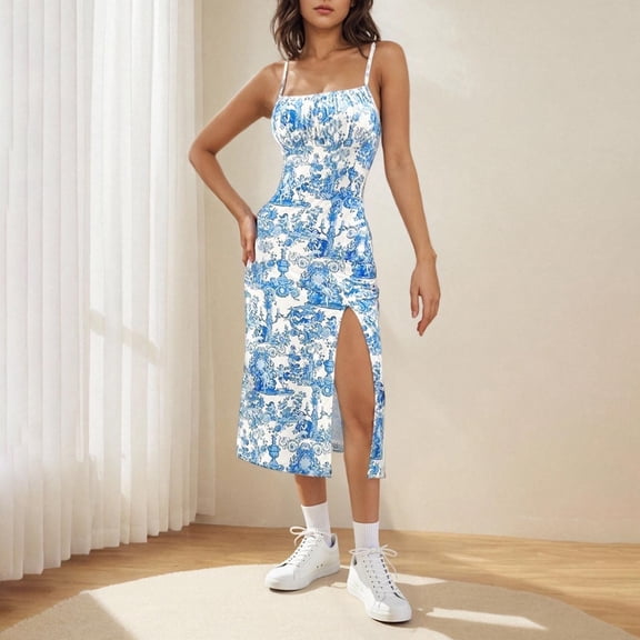 Njagoc3 Womens Spaghetti Strap Slit Midi Dress, Floral Print for Summer Beach & Date Nights