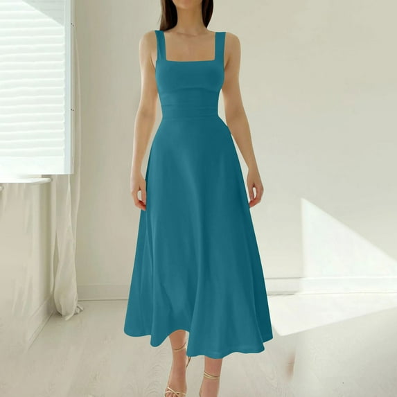 Njagoc3 Womens Spaghetti Strap Solid Maxi Dress for Summer Vacations & Elegant Looks