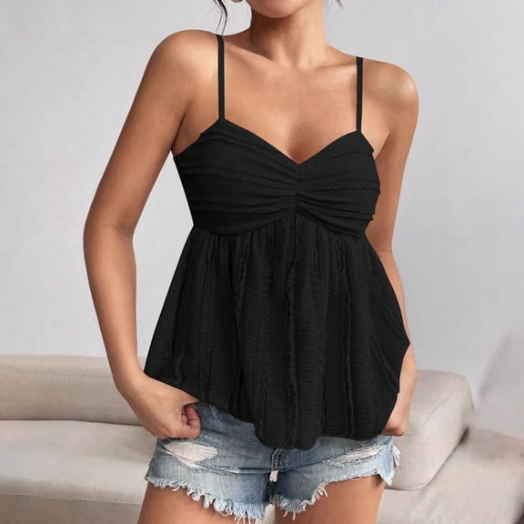 Njagoc3 Womens Spaghetti - Strap V - Neck Ruched - Bust Flowy Cami Top - Flattering for Summer Dates