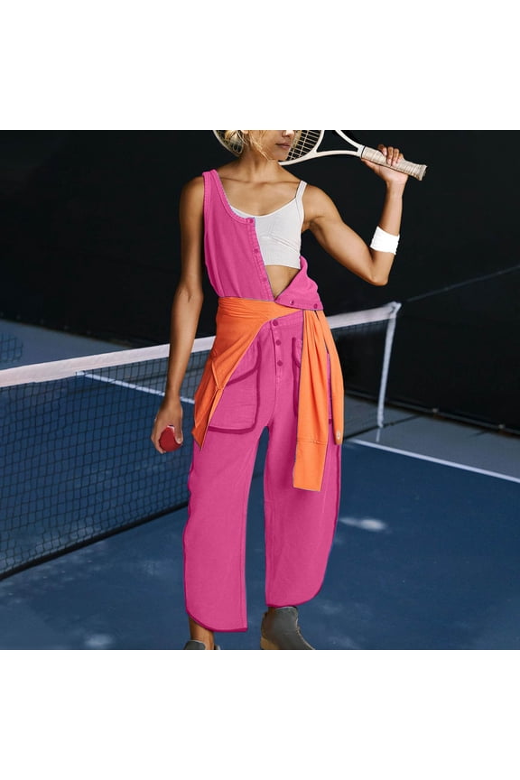 Womens Spring/Summer Solid Color Casual Round Neck Button Sleeveless Waist Pocket Sports Jumpsuit Pants