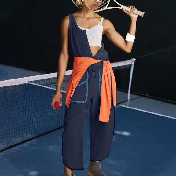 Njagoc3 Womens Spring/Summer Solid Color Casual Round Neck Button Sleeveless Waist Pocket Sports Jumpsuit Pants
