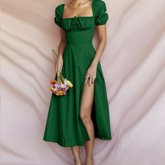 Njagoc3 Womens Square - Neck Midi Dress, Short Sleeves for Summer Casual & Gathering