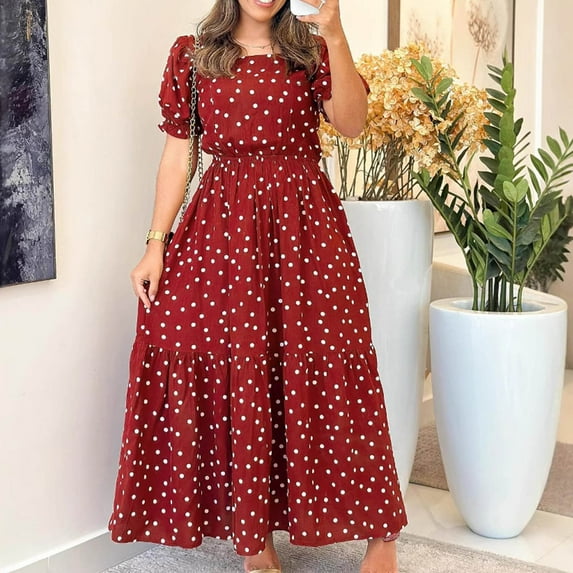 Njagoc3 Womens Square Neck Short Sleeve Dress - High Waist A-Line Silhouette with Defined Waist, Vintage-Inspired Pure Color Design for Casual to Dressy Occasions