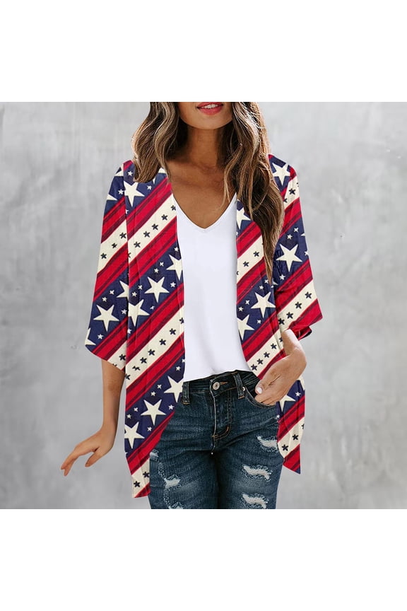 Womens Star - Striped Flag Geometric Kimono Cardigan, Open Front, Loose Fit, Lightweight Fabric, Patriotic & Casual Daily, Stylish Cover - Up