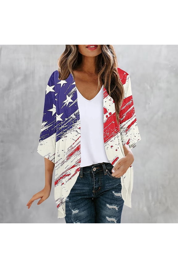 Womens Star - Striped Flag Tie - Dye Kimono Cardigan, Open Front, Loose Fit, Lightweight Fabric, Patriotic & Beachwear, Chic Cover - Up