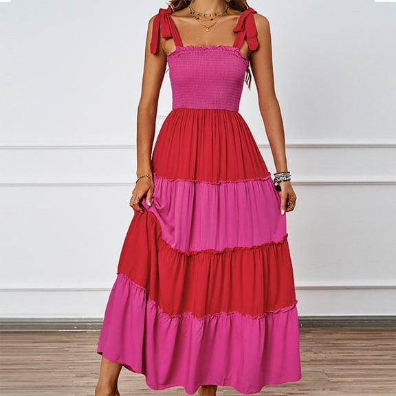 Njagoc3 Womens Strapless Open Back Solid Color Panel Sleeveless Square Neck Dress - Ruffled Trim Bodycon Tiered Princess Gown