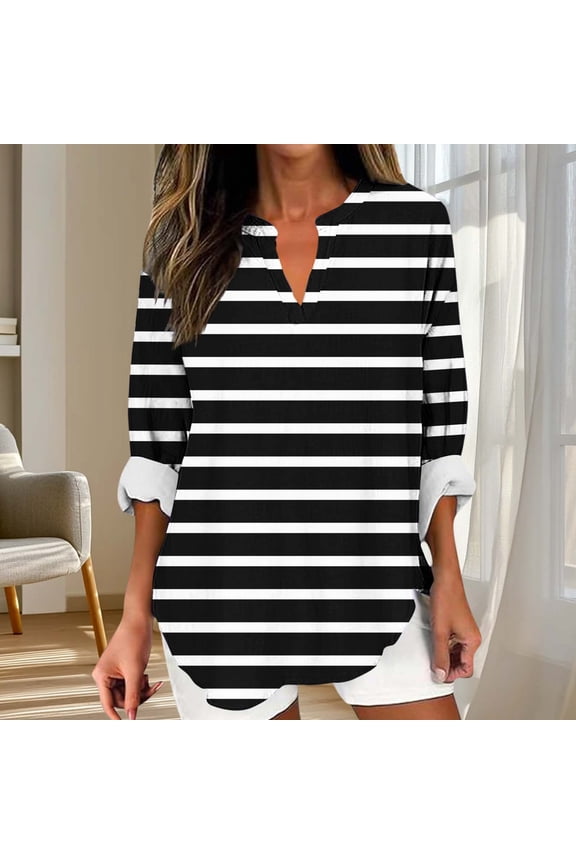 Womens Striped Print Shirt, Black & White Pattern, Loose Fit, Casual Fall & Winter Top