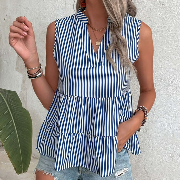 Njagoc3 Womens Striped Sleeveless Peplum Top, Crew Neck, Flowy Fabric, Summer Beach & Casual Wear