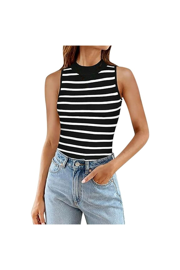Womens Striped Sleeveless Turtleneck Top, Slim Fit, Soft Fabric, Summer Daily & Casual Wear
