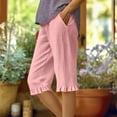 thumbnail image 1 of Njagoc3 Womens Summer Cotton Linen Solid Color Loose Fit Straight Leg Pants with Ruffled Hem & Pockets - Knee Length, 1 of 6