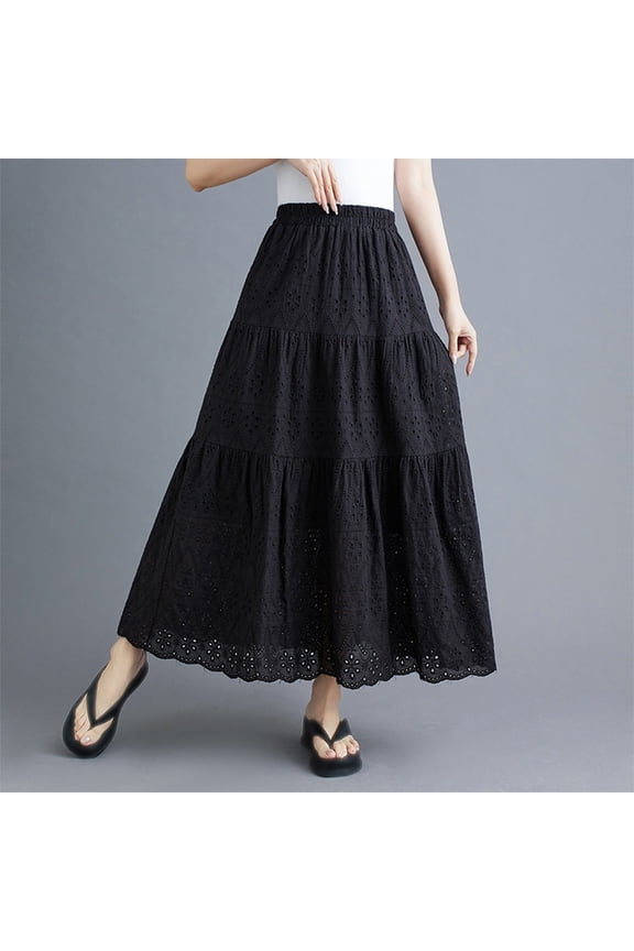 Womens Summer High-Waisted Midi Skirt with Tiered Hem, Lightweight Breathable Fabric, Perfect for Casual Wear