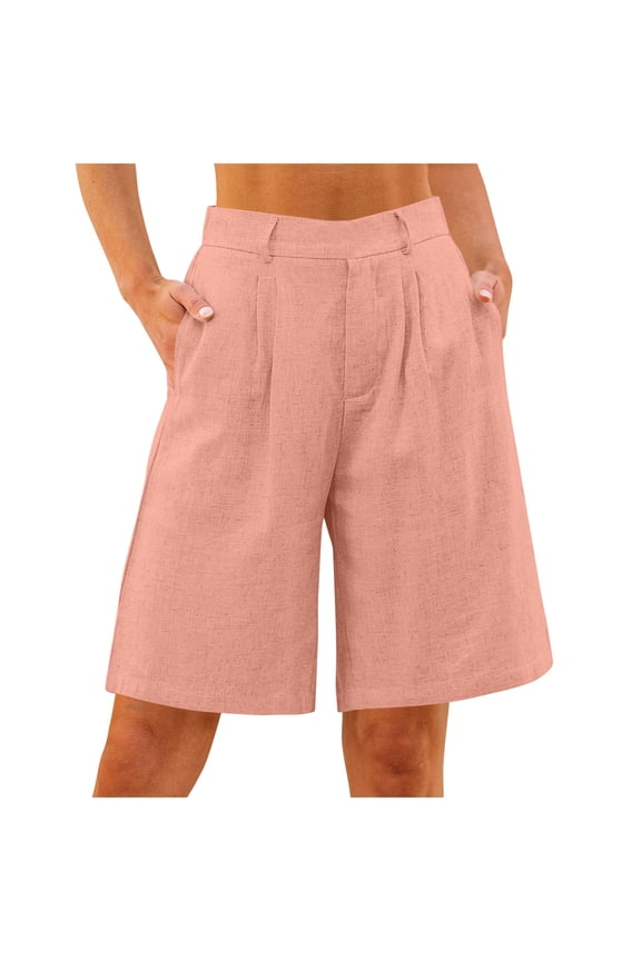 Womens Summer Linen Cotton Solid Color Relaxed Fit Straight Leg Knee Length Pants with Pockets