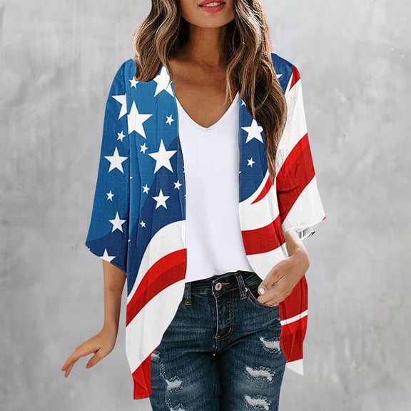 Njagoc3 Womens Summer Ombre Star - Striped Flag Kimono Cardigan, Open Front, Loose Fit, Lightweight Fabric, Patriotic & Beachwear, Chic Cover - Up
