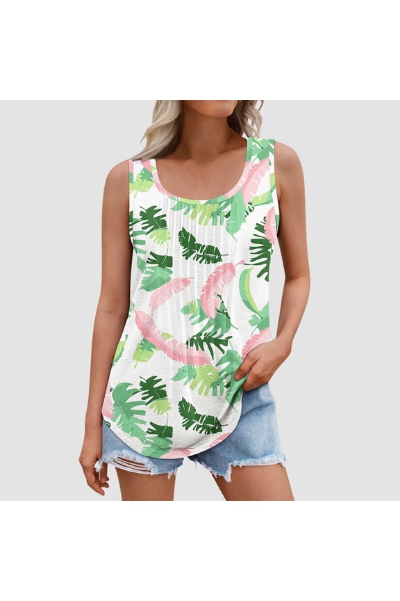 Womens Summer Pink Palm Leaf Sleeveless Top, V - Neck, Loose Fit, Lightweight Fabric, Casual Daily & Beachwear, Tropical Tank Top