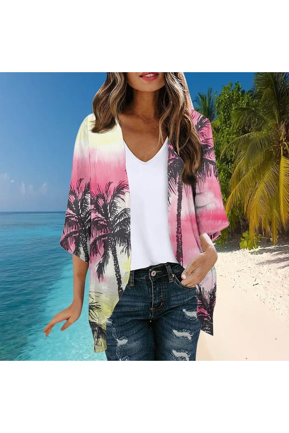 Womens Summer Pink - Purple Floral Kimono Cardigan, Open Front, Loose Fit, Lightweight Fabric, Beach Vacation & Casual Daily, Dreamy Cover - Up