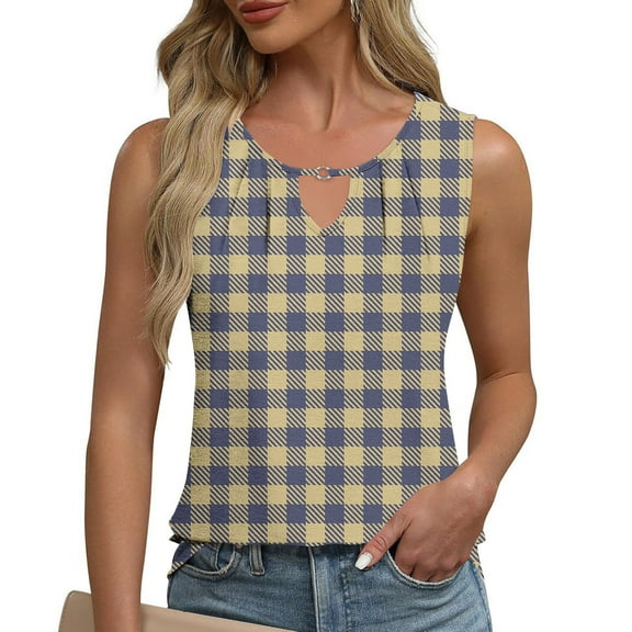 Njagoc3 Womens Summer Plaid Print Sleeveless Top, Yellow - Blue, V - Neck, Slim Fit, Soft Fabric, Casual Daily & Preppy Style, Checkered Tank Top