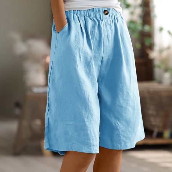 Njagoc3 Womens Summer Solid Color Elastic Waist Solid Color Cotton Linen Loose Fit Knee Length Casual Pants