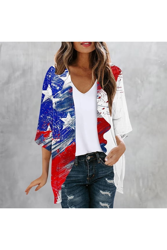 Womens Summer Star - Striped Flag Color - Block Kimono Cardigan, Open Front, Loose Fit, Lightweight Fabric, Patriotic & Casual Daily, Edgy Cover - Up