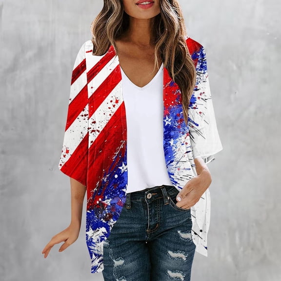 Njagoc3 Womens Summer Star - Striped Flag Tie - Dye Kimono Cardigan, Open Front, Loose Fit, Lightweight Fabric, Patriotic & Beach Vacation, Trendy Cover - Up