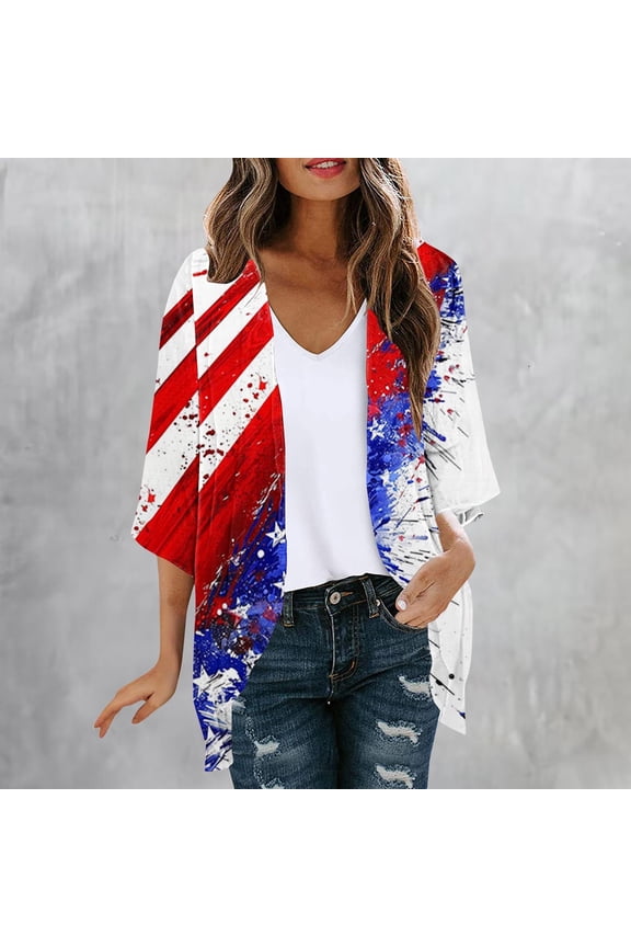 Womens Summer Star - Striped Flag Tie - Dye Kimono Cardigan, Open Front, Loose , Lightweight Fabric, Patriotic & Beach Vacation, Trendy - Up